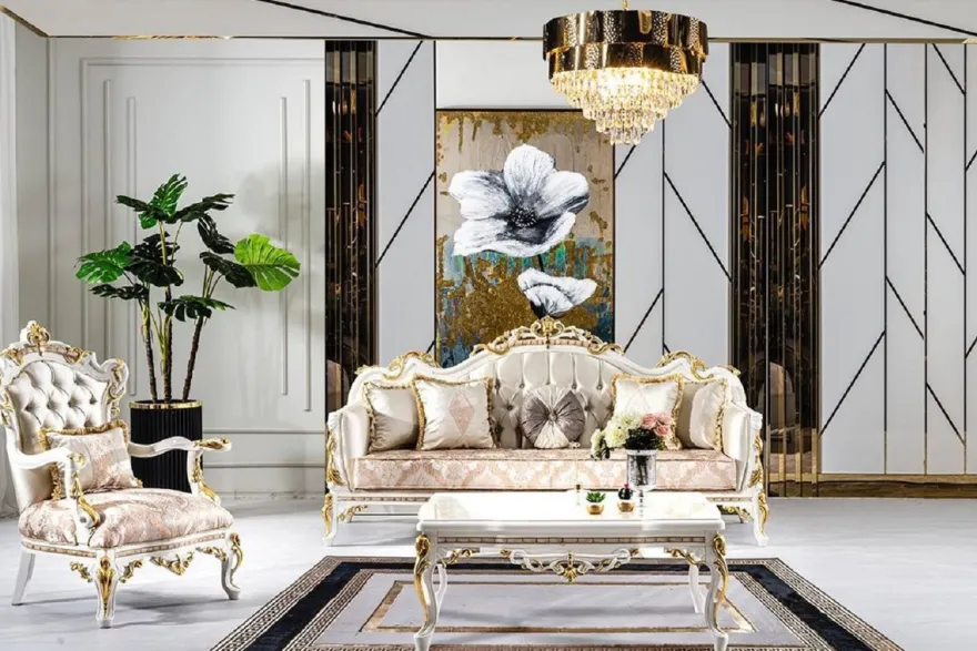 Casa Padrino Luxus Barock Wohnzimmer Set Gold / Silber / Braun / Weiß / Gold - 2 Barock Sofas & 2 Barock Sessel & 1 Barock Couchtisch - Luxus Wohnzimmer Möbel im Barockstil - Barock Möbel