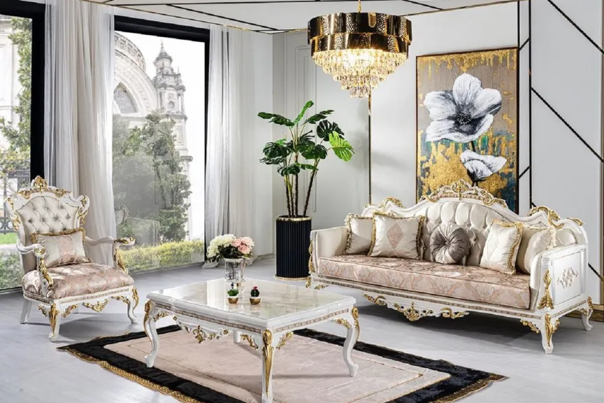 Casa Padrino Luxus Barock Wohnzimmer Set Gold / Silber / Braun / Weiß / Gold - 2 Barock Sofas & 2 Barock Sessel & 1 Barock Couchtisch - Luxus Wohnzimmer Möbel im Barockstil - Barock Möbel