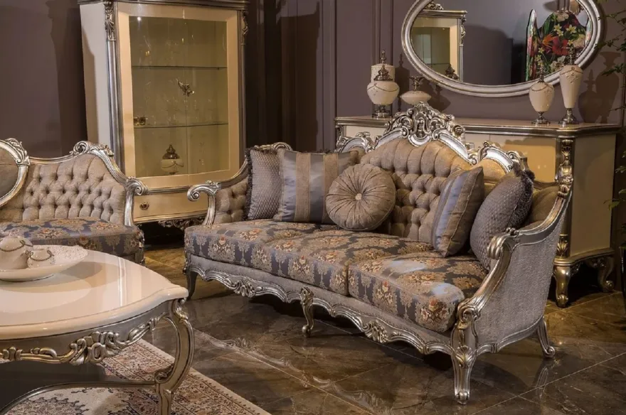 Casa Padrino Luxus Barock Wohnzimmer Set Grau / Blau / Silber - 2 Barock Sofas & 2 Barock Sessel & 1 Barock Couchtisch - Wohnzimmer Möbel im Barockstil - Barock Möbel - Barock Einrichtung