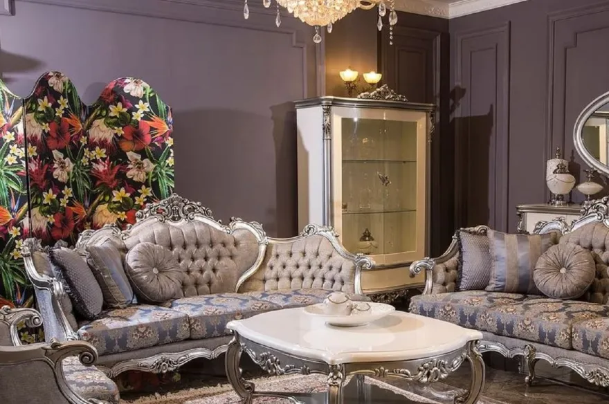 Casa Padrino Luxus Barock Wohnzimmer Set Grau / Blau / Silber - 2 Barock Sofas & 2 Barock Sessel & 1 Barock Couchtisch - Wohnzimmer Möbel im Barockstil - Barock Möbel - Barock Einrichtung