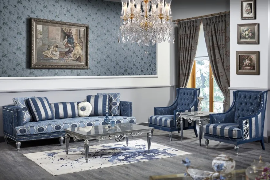 Casa Padrino Luxus Barock Wohnzimmer Set Dunkelblau / Hellblau / Silber - Sofa & 2 Sessel & Couchtisch - Barock Wohnzimmermöbel