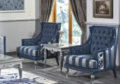 Casa Padrino Luxus Barock Wohnzimmer Set Dunkelblau / Hellblau / Silber - Sofa & 2 Sessel & Couchtisch - Barock Wohnzimmermöbel