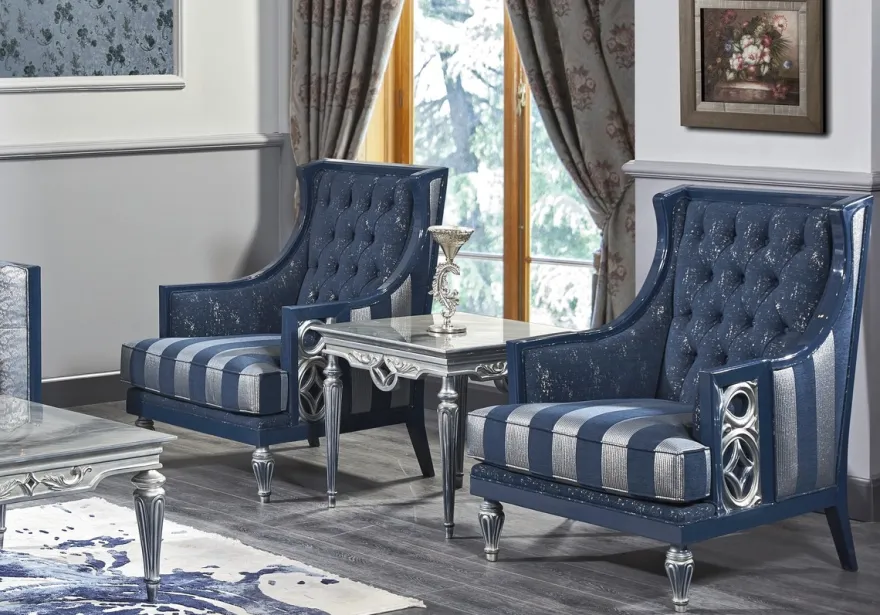 Casa Padrino Luxus Barock Wohnzimmer Set Dunkelblau / Hellblau / Silber - Sofa & 2 Sessel & Couchtisch - Barock Wohnzimmermöbel