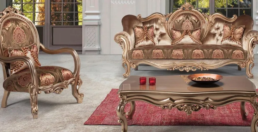 Casa Padrino Luxus Barock Wohnzimmer Set Bronze / Braun / Bordeauxrot - 1 Sofa & 2 Sessel & 1 Couchtisch - Prunkvolle Wohnzimmermöbel im Barockstil