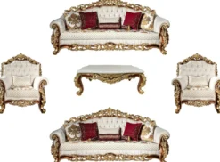 Casa Padrino Luxus Barock Wohnzimmer Set Weiß / Gold / Braun - 2 Sofas & 2 Sessel & 1 Couchtisch - Wohnzimmer Möbel im Barockstil - Edel & Prunkvoll