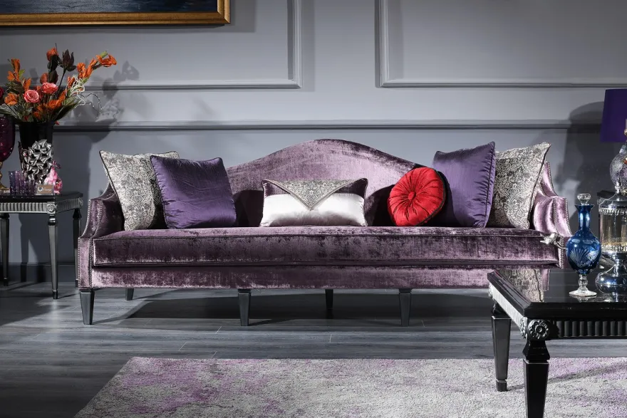 Casa Padrino Luxus Barock Wohnzimmer Set Lila / Schwarz / Silber - 2 Sofas & 2 Sessel & 1 Couchtisch & 2 Beistelltische - Barockmöbel