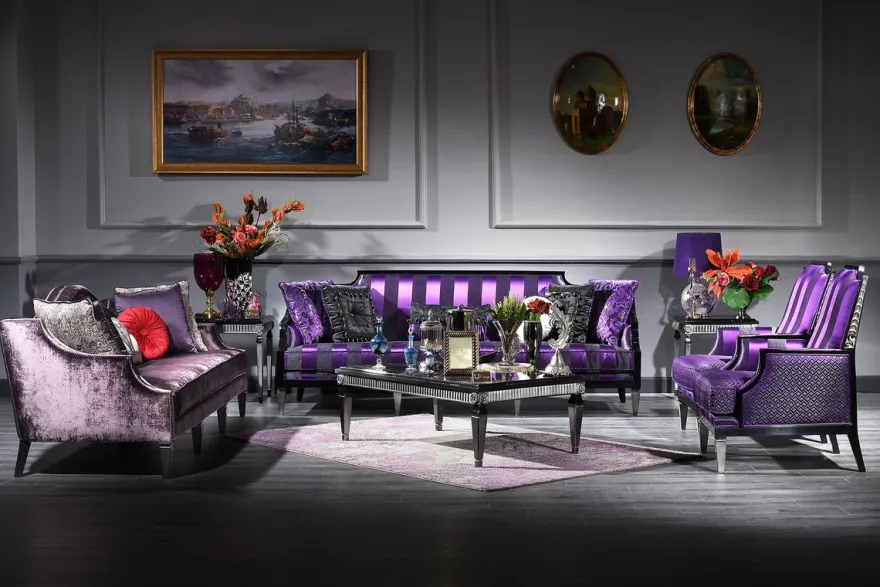 Casa Padrino Luxus Barock Wohnzimmer Set Lila / Schwarz / Silber - 2 Sofas & 2 Sessel & 1 Couchtisch & 2 Beistelltische - Barockmöbel