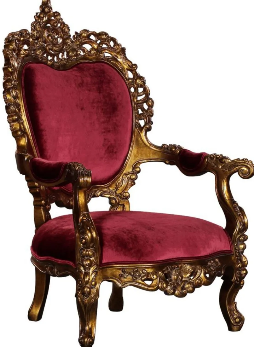 Casa Padrino Luxus Barock Wohnzimmer Sessel Bordeauxrot / Antik Gold - Prunkvoller Thron Sessel mit edlen Verzierungen - Handgefertigte Barock Wohnzimmer Möbel