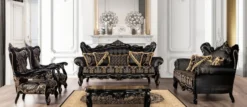Casa Padrino Luxus Barock Wohnzimmer Set Schwarz / Gold - 2 Sofas mit Muster & 2 Sessel mit Muster & 1 Couchtisch - Prunkvolle Barock Wohnzimmer Möbel