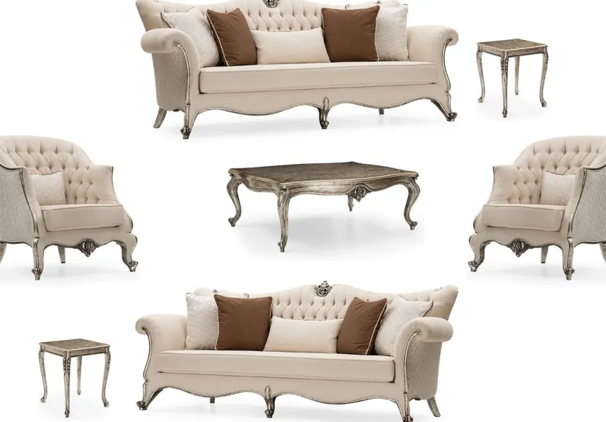 Casa Padrino Luxus Barock Wohnzimmer Set Creme / Silber / Antik Silber - 2 Sofas & 2 Sessel & 1 Couchtisch & 2 Beistelltische - Handgefertigte Wohnzimmer Möbel im Barockstil - Edel & Prunkvoll