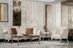 Casa Padrino Luxus Barock Wohnzimmer Set Creme / Silber / Antik Silber - 2 Sofas & 2 Sessel & 1 Couchtisch & 2 Beistelltische - Handgefertigte Wohnzimmer Möbel im Barockstil - Edel & Prunkvoll