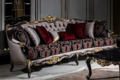 Casa Padrino Luxus Barock Wohnzimmer Set Silber / Bordeauxrot / Schwarz / Gold - 2 Sofas & 2 Sessel & 1 Couchtisch - Prunkvolle Wohnzimmer Möbel im Barockstil