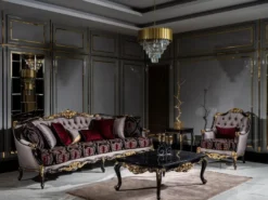 Casa Padrino Luxus Barock Wohnzimmer Set Silber / Bordeauxrot / Schwarz / Gold - 2 Sofas & 2 Sessel & 1 Couchtisch - Prunkvolle Wohnzimmer Möbel im Barockstil
