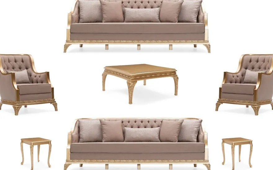 Casa Padrino Luxus Barock Wohnzimmer Set Braun / Gold - 2 Sofas & 2 Sessel & 1 Couchtisch & 2 Beistelltische - Handgefertigte Luxus Wohnzimmer Möbel im Barockstil - Edel & Prunkvoll