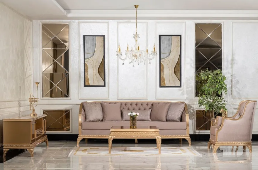 Casa Padrino Luxus Barock Wohnzimmer Set Braun / Gold - 2 Sofas & 2 Sessel & 1 Couchtisch & 2 Beistelltische - Handgefertigte Luxus Wohnzimmer Möbel im Barockstil - Edel & Prunkvoll