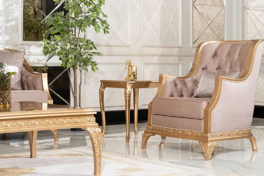 Casa Padrino Luxus Barock Wohnzimmer Set Braun / Gold - 2 Sofas & 2 Sessel & 1 Couchtisch & 2 Beistelltische - Handgefertigte Luxus Wohnzimmer Möbel im Barockstil - Edel & Prunkvoll