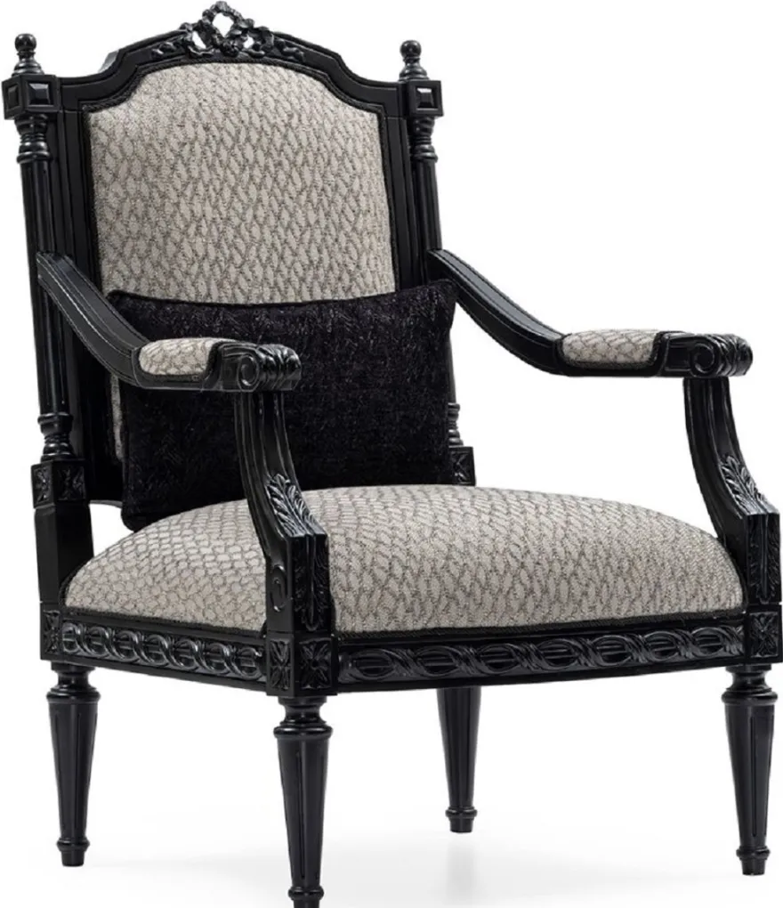 Casa Padrino Luxus Barock Wohnzimmer Sessel Silber / Schwarz - Handgefertigter Barockstil Sessel mit dekorativem Kissen - Luxus Wohnzimmer Möbel im Barockstil - Barock Möbel - Edel & Prunkvoll