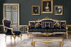 Casa Padrino Luxus Barock Wohnzimmer Sessel Royalblau / Schwarz / Silber / Gold - Prunkvoller Sessel mit elegantem Muster - Handgefertigte Barock Wohnzimmer Möbel