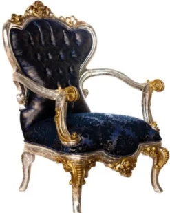 Casa Padrino Luxus Barock Wohnzimmer Sessel Royalblau / Schwarz / Silber / Gold - Prunkvoller Sessel mit elegantem Muster - Handgefertigte Barock Wohnzimmer Möbel
