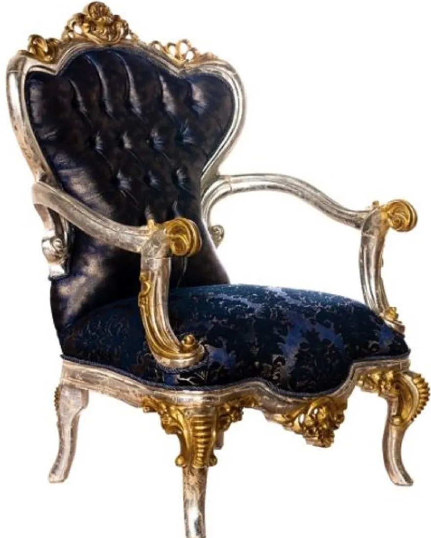 Casa Padrino Luxus Barock Wohnzimmer Sessel Royalblau / Schwarz / Silber / Gold - Prunkvoller Sessel mit elegantem Muster - Handgefertigte Barock Wohnzimmer Möbel