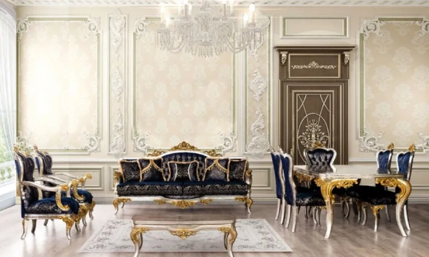 Casa Padrino Luxus Barock Wohnzimmer Sessel Royalblau / Schwarz / Silber / Gold - Prunkvoller Sessel mit elegantem Muster - Handgefertigte Barock Wohnzimmer Möbel