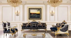 Casa Padrino Luxus Barock Wohnzimmer Sessel Royalblau / Schwarz / Silber / Gold - Prunkvoller Sessel mit elegantem Muster - Handgefertigte Barock Wohnzimmer Möbel