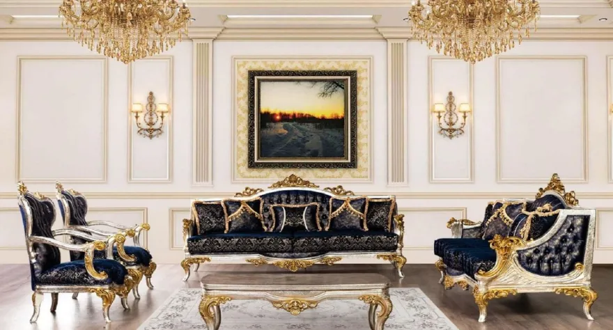 Casa Padrino Luxus Barock Wohnzimmer Sessel Royalblau / Schwarz / Silber / Gold - Prunkvoller Sessel mit elegantem Muster - Handgefertigte Barock Wohnzimmer Möbel
