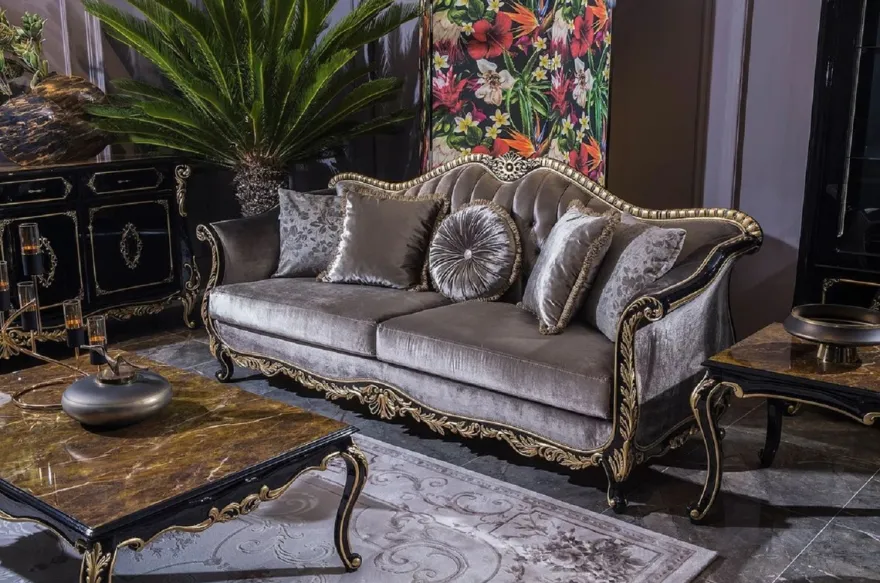 Casa Padrino Luxus Barock Wohnzimmer Set Silber / Schwarz / Gold - 2 Barock Sofas & 2 Barock Sessel & 1 Barock Couchtisch - Wohnzimmer Möbel im Barockstil - Barock Möbel - Barock Einrichtung