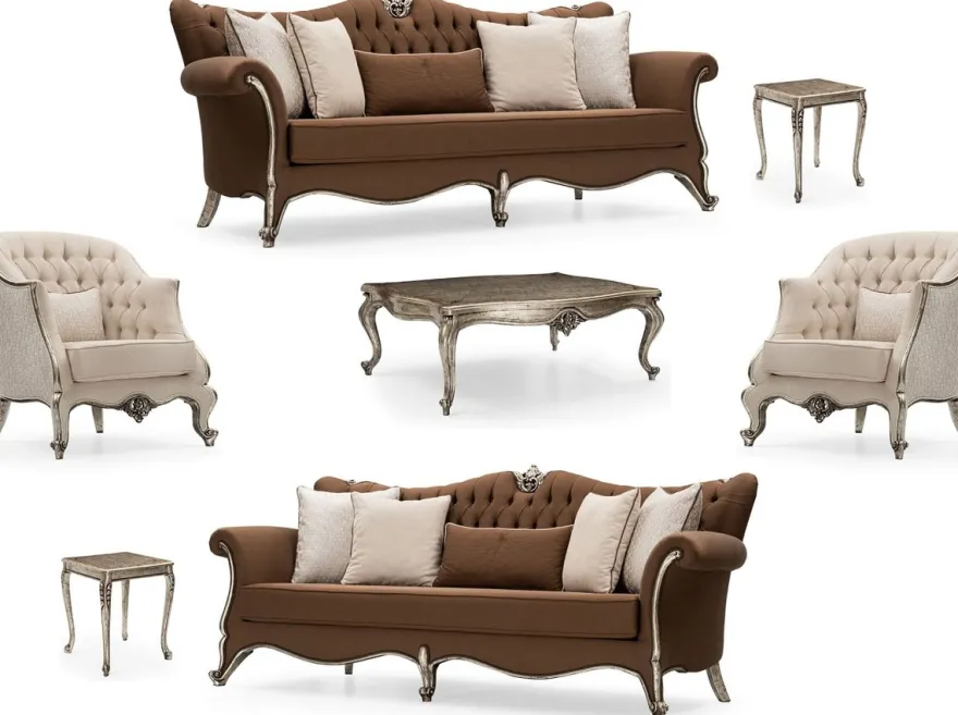 Casa Padrino Luxus Barock Wohnzimmer Set Braun / Creme / Antik Silber - 2 Sofas & 2 Sessel & 1 Couchtisch & 2 Beistelltische - Handgefertigte Wohnzimmer Möbel im Barockstil - Edel & Prunkvoll