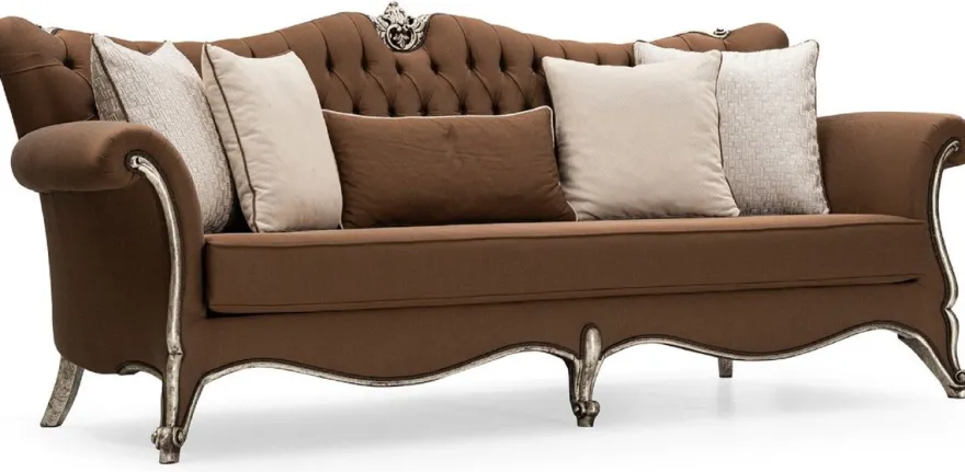 Casa Padrino Luxus Barock Wohnzimmer Set Braun / Creme / Antik Silber - 2 Sofas & 2 Sessel & 1 Couchtisch & 2 Beistelltische - Handgefertigte Wohnzimmer Möbel im Barockstil - Edel & Prunkvoll