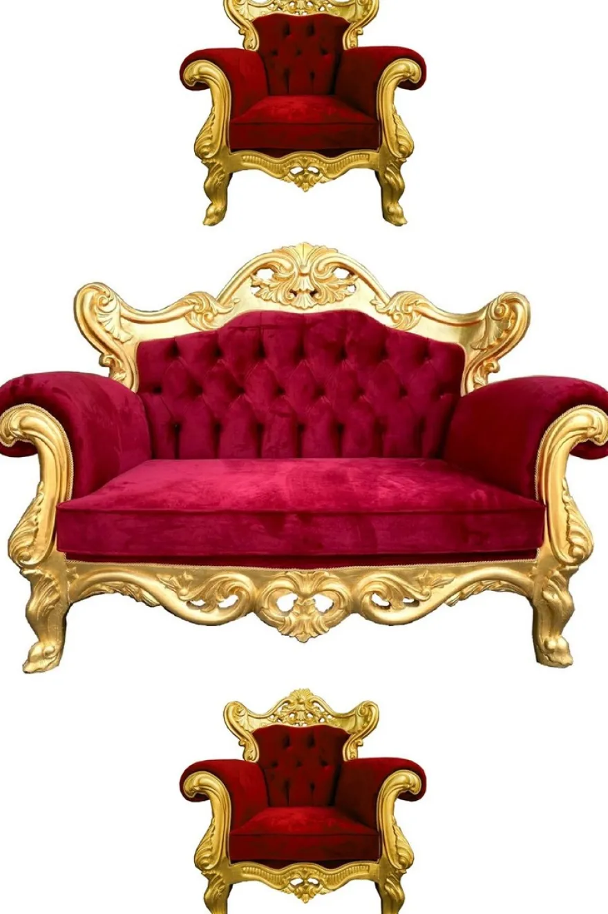 Casa Padrino Luxus Barock Wohnzimmer Set Bordeauxrot / Gold - 1 Barock Sofa & 2 Barock Sessel - Wohnzimmer Möbel im Barockstil - Edel & Prunkvoll