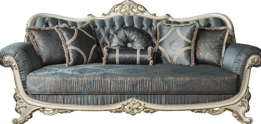 Casa Padrino Luxus Barock Wohnzimmer Set Blau / Creme / Gold - 2 Sofas & 2 Sessel & 1 Couchtisch - Prunkvolle Möbel im Barockstil