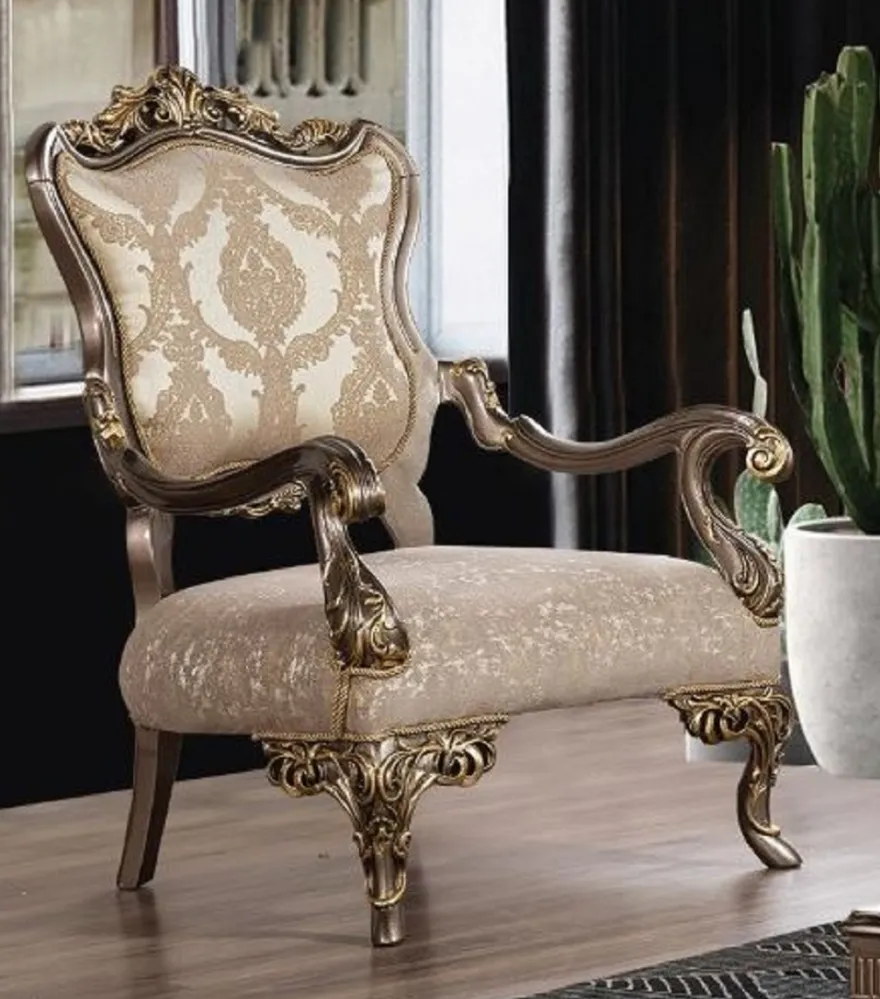 Casa Padrino Luxus Barock Wohnzimmer Sessel Grau / Beige / Silber / Gold - Prunkvoller Sessel mit Muster - Handgefertigte Barock Wohnzimmer Möbel