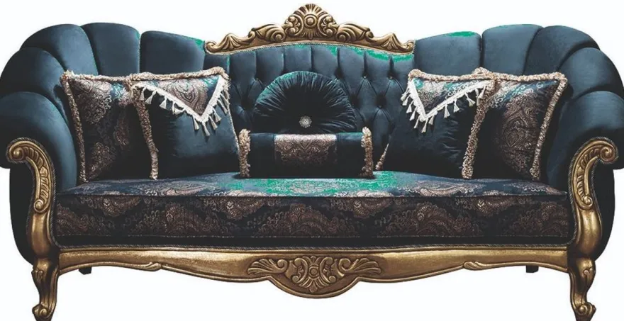 Casa Padrino Luxus Barock Wohnzimmer Set Blau / Gold - 2 Sofas & 2 Sessel & 1 Couchtisch - Wohnzimmer Möbel - Edel & Prunkvoll