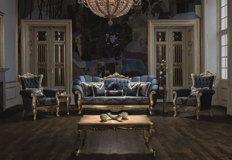 Casa Padrino Luxus Barock Wohnzimmer Set Blau / Gold - 2 Sofas & 2 Sessel & 1 Couchtisch - Wohnzimmer Möbel - Edel & Prunkvoll