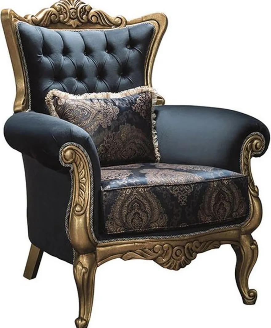 Casa Padrino Luxus Barock Wohnzimmer Set Blau / Gold - 2 Sofas & 2 Sessel & 1 Couchtisch - Wohnzimmer Möbel - Edel & Prunkvoll