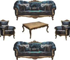 Casa Padrino Luxus Barock Wohnzimmer Set Blau / Gold - 2 Sofas & 2 Sessel & 1 Couchtisch - Wohnzimmer Möbel - Edel & Prunkvoll