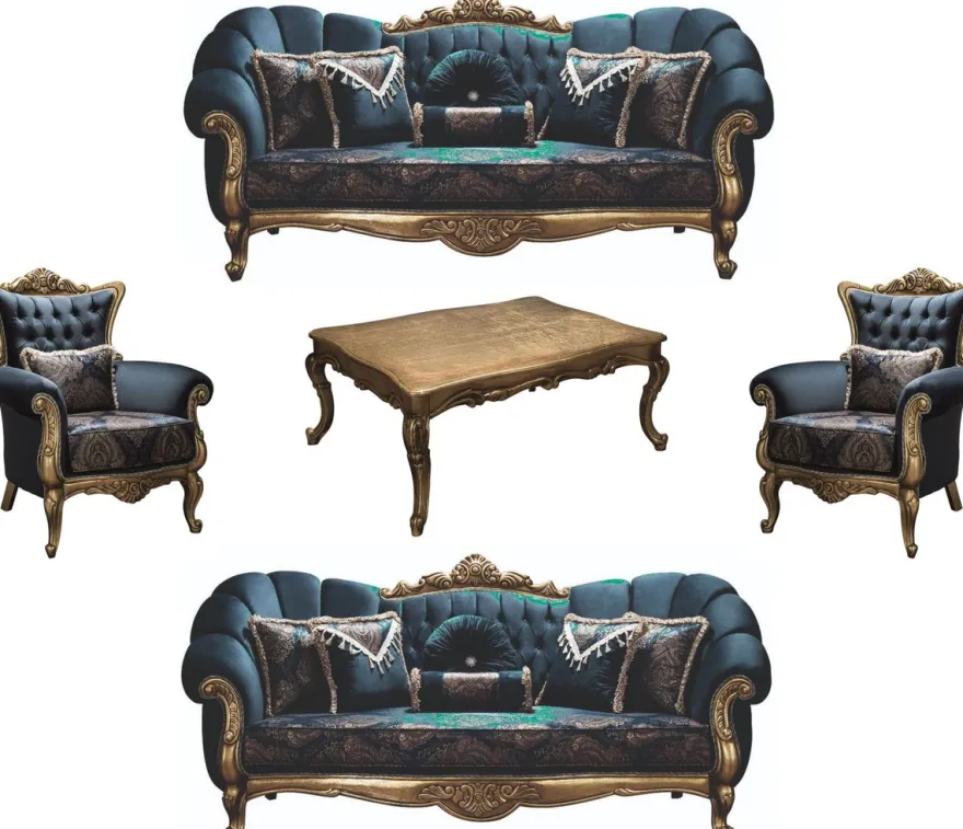 Casa Padrino Luxus Barock Wohnzimmer Set Blau / Gold - 2 Sofas & 2 Sessel & 1 Couchtisch - Wohnzimmer Möbel - Edel & Prunkvoll