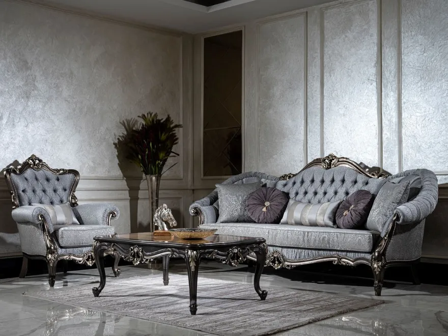 Casa Padrino Luxus Barock Wohnzimmer Set Hellblau / Grau / Dunkelgrau / Gold - 2 Sofas & 2 Sessel & 1 Couchtisch - Handgefertigte Wohnzimmer Möbel im Barockstil - Edel & Prunkvoll