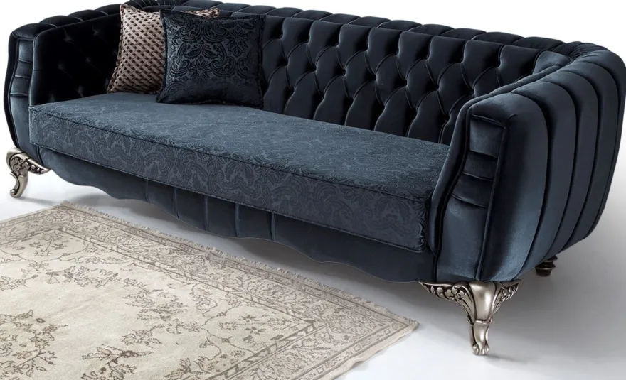 Casa Padrino Luxus Barock Wohnzimmer Set Blau / Silber - 2 Sofas & 2 Sessel & 1 Couchtisch - Elegante Wohnzimmer Möbel im Barockstil