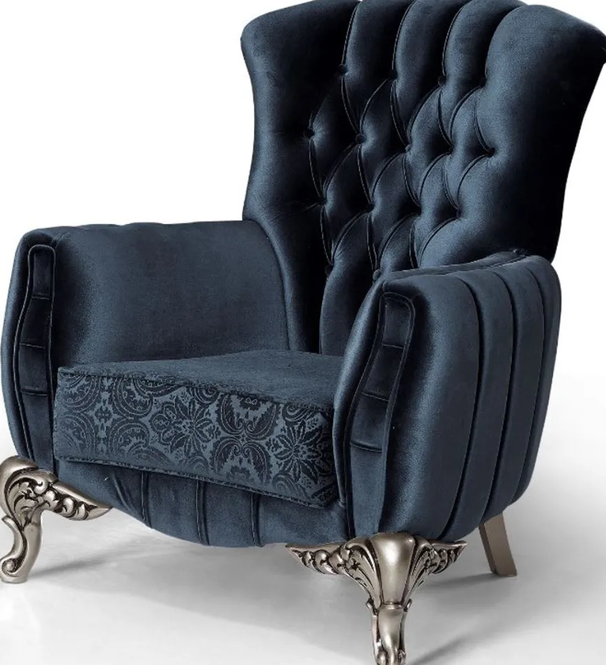 Casa Padrino Luxus Barock Wohnzimmer Set Blau / Silber - 2 Sofas & 2 Sessel & 1 Couchtisch - Elegante Wohnzimmer Möbel im Barockstil