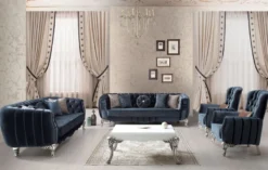 Casa Padrino Luxus Barock Wohnzimmer Set Blau / Silber - 2 Sofas & 2 Sessel & 1 Couchtisch - Elegante Wohnzimmer Möbel im Barockstil