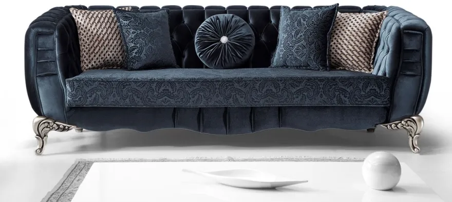 Casa Padrino Luxus Barock Wohnzimmer Set Blau / Silber - 2 Sofas & 2 Sessel & 1 Couchtisch - Elegante Wohnzimmer Möbel im Barockstil