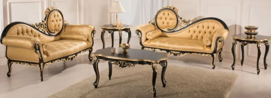 Casa Padrino Luxus Barock Wohnzimmer Set Gold / Schwarz - 2 Sofas & 1 Couchtisch & 2 Beistelltische - Wohnzimmermöbel im Barockstil - Edle Barock Möbel