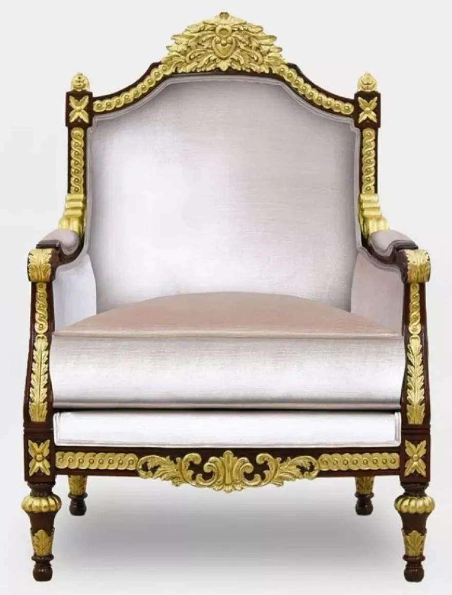 Casa Padrino Luxus Barock Wohnzimmer Sessel Grau / Dunkelbraun / Gold - Handgefertigter Barockstil Sessel - Luxus Wohnzimmer Möbel im Barockstil - Barock Möbel - Edel & Prunkvoll