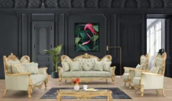 Casa Padrino Luxus Barock Wohnzimmer Set Hellgrün / Gold - 2 Sofas & 2 Sessel & 1 Couchtisch - Handgefertigte Barock Wohnzimmer Möbel - Edel & Prunkvoll
