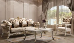 Casa Padrino Luxus Barock Wohnzimmer Set Braun / Silber / Weiß / Gold - 2 Sofas & 2 Sessel & 1 Couchtisch - Handgefertigte Wohnzimmer Möbel im Barockstil - Edel & Prunkvoll