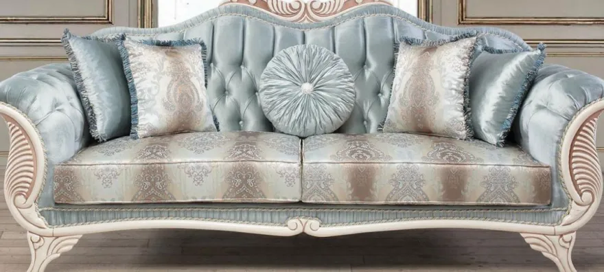 Casa Padrino Luxus Barock Wohnzimmer Sofa mit dekorativen Kissen Türkis / Creme / Bronze 232 x 87 x H. 96 cm - Wohnzimmermöbel im Barockstil