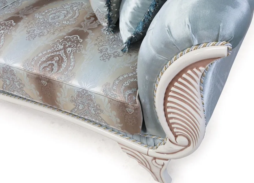 Casa Padrino Luxus Barock Wohnzimmer Sofa mit dekorativen Kissen Türkis / Creme / Bronze 232 x 87 x H. 96 cm - Wohnzimmermöbel im Barockstil