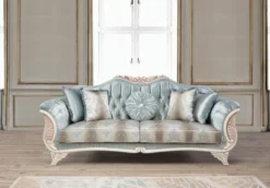 Casa Padrino Luxus Barock Wohnzimmer Sofa mit dekorativen Kissen Türkis / Creme / Bronze 232 x 87 x H. 96 cm - Wohnzimmermöbel im Barockstil